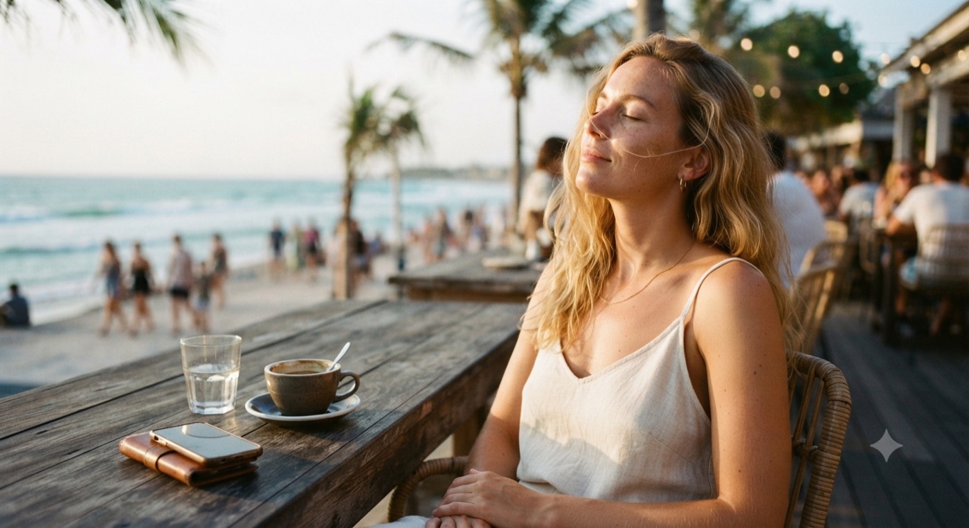 Woman relaxing at a beachside café, phone set aside