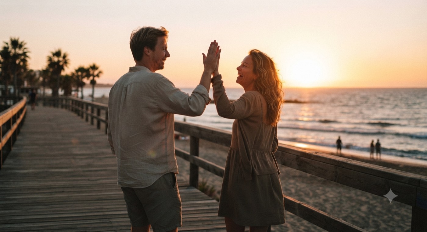 Two friends high-fiving on a beach boardwalk at sunset