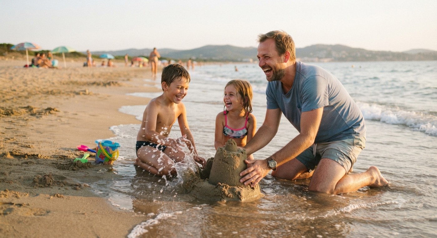 Father and children building a sandcastle together