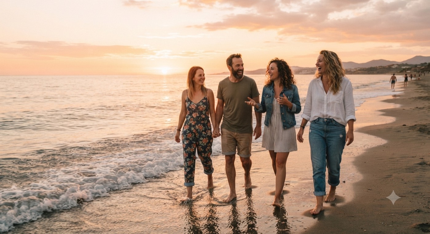 Friends walking along the shoreline at sunset