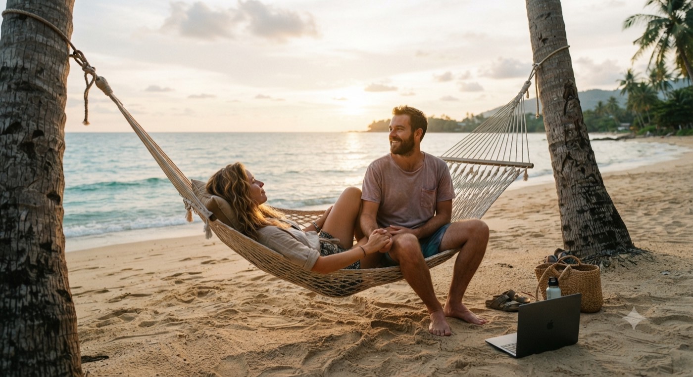 Couple relaxing in a beachfront hammock at sunset